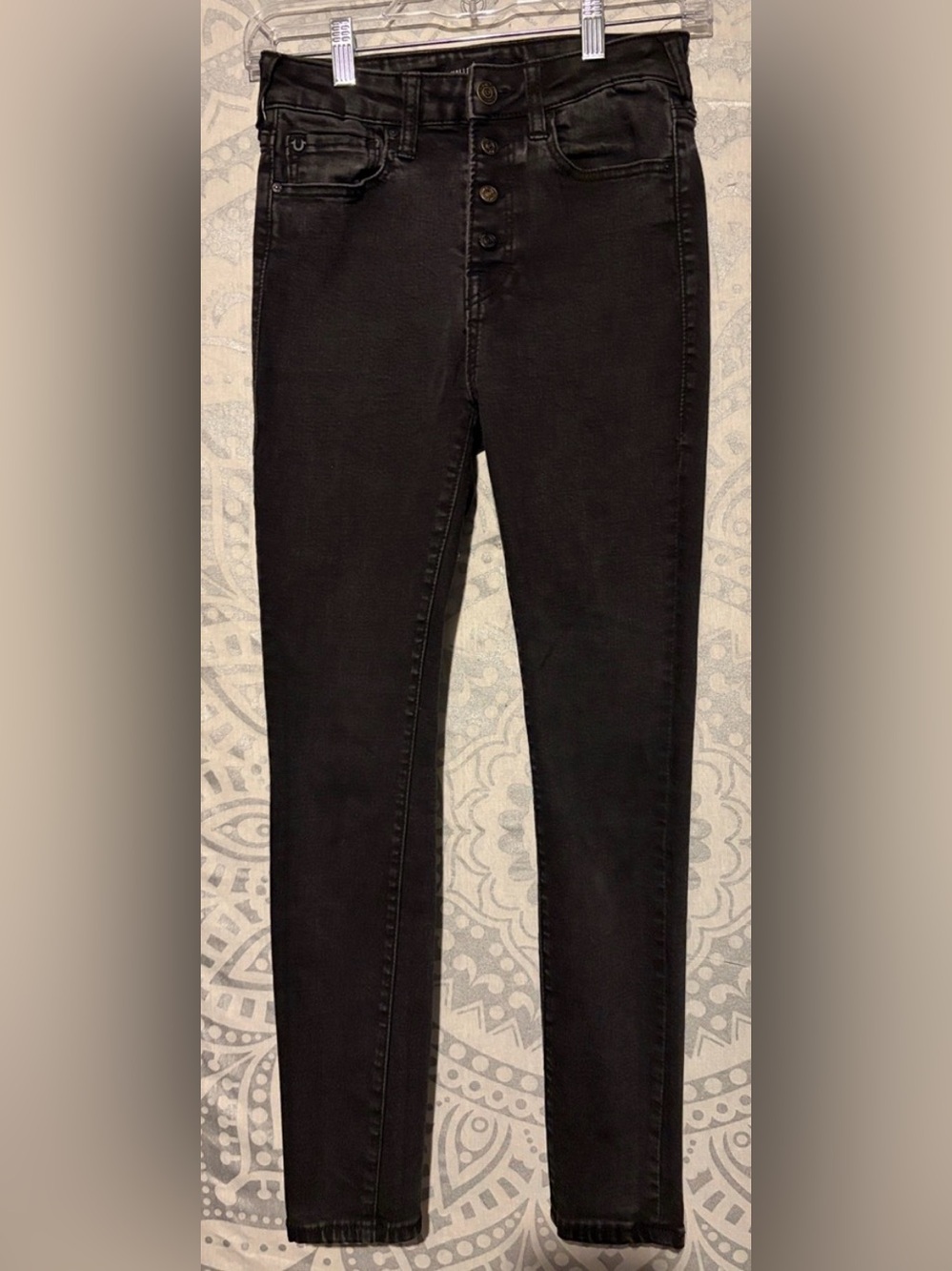 🖤 TRUE RELIGION Halle High Rise Super Skinny Exposed Button Fly Black Jeans | 27 - Picture 1 of 12